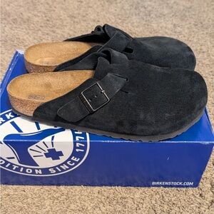 Birkenstock Black Suede Boston Clogs with Buckle